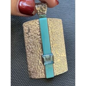 Vintage DTR 925 Sterling Silver Turquoise Geometric Design Pendant Blue Accent